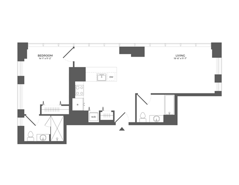 Floor plan for 1 bed, 2 baths, 942 sqft